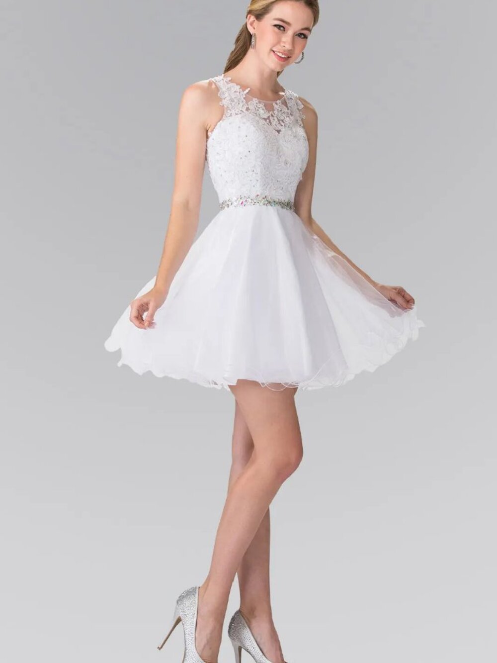 NEW SNOW WHITE Lace & Beaded Illusion Neckline Cocktail Dress Embellished GS2375